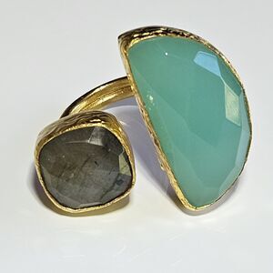 Ottoman Hands 21ct Gold Plated Aqua Chacedony And Labradorite Half Moon Ring